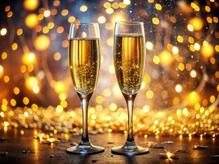 Macro Champagne Celebration: Festive Bokeh Lights & Sparkling Wine Glasses