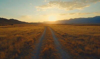 Naklejka premium Sunset road through grassy plains, mountains background, travel