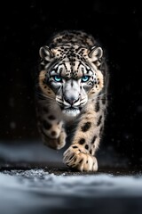 Fototapeta premium Majestic snow leopard with piercing blue eyes walking confidently through a snowy landscape, focused and determined against a dark background.