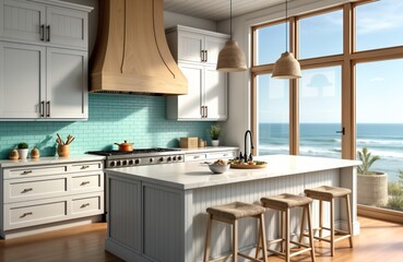 Coastal kitchen interior design featuring sea-blue backsplash with driftwood accents. Spacious room with large windows ocean views. Modern, elegant contemporary style. Interior design concept evokes