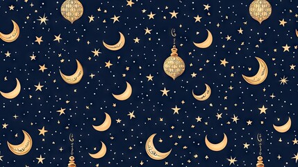 Fototapeta premium Night sky pattern crescent moons, stars, and lanterns. Ideal for textiles