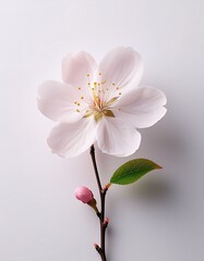 Fototapeta premium 白い背景に春の桜の花が1輪、暖かく穏やかな印象を与えるシンプルでミニマルなデザイン 