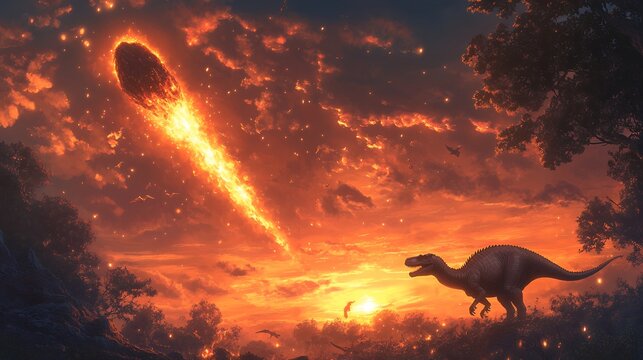 A dinosaur witnesses a fiery meteor approaching in a dramatic sunset.  Prehistoric extinction event.