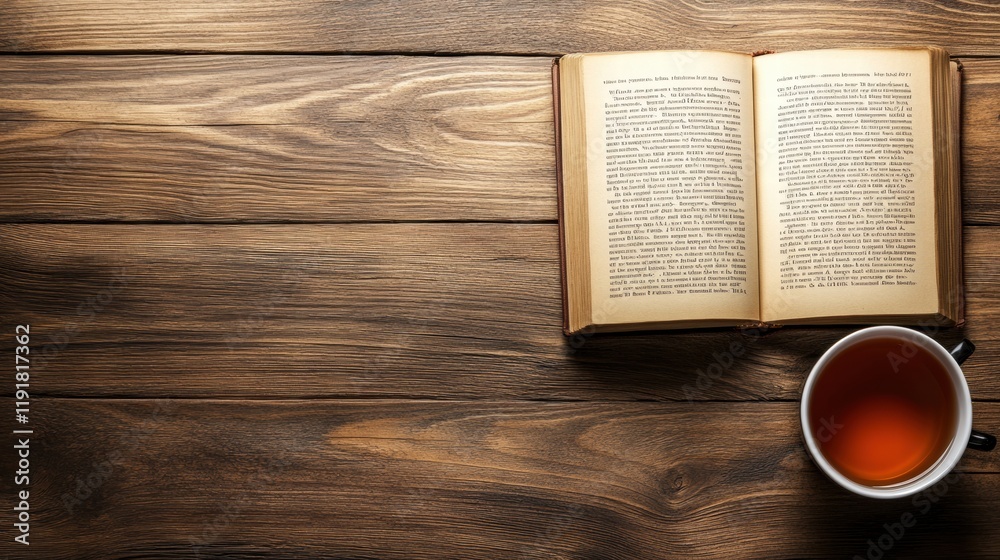 Poster cozy reading experience with a book and tea on a rustic wooden table during a peaceful afternoon. ge