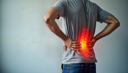Man experiencing lower back pain holds lower back. Painful area highlighted. Medical health concern injury. Possible need for treatment, therapy, chiropractic care. Image ideal for healthcare