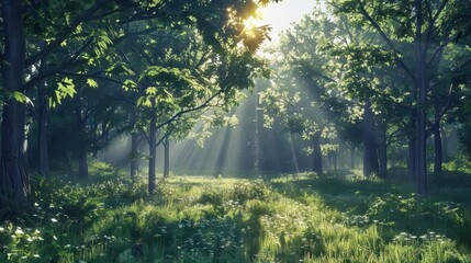 A serene forest scene with sunlight filtering through trees, creating a peaceful atmosphere.