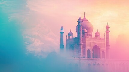 Obraz premium Majestic mosque sunrise, misty landscape, peaceful dawn, travel poster
