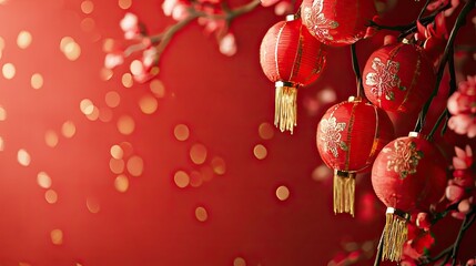 Red lanterns, blossoming branches, festive background; Chinese New Year celebration