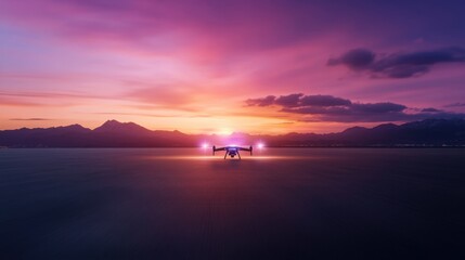 Captivating Drone Silhouette Against a Vibrant Sunset Sky Over Mountainous Landscape with Reflections and Soft Clouds for Aesthetic Visuals