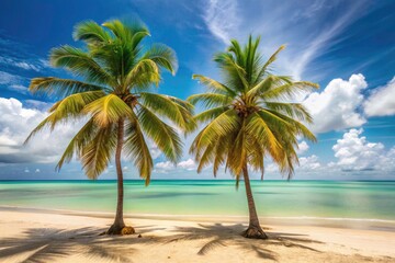 Obraz premium Minimalist Boipeba Beach: Two Coconut Trees, Brazil Paradise, Tropical Island Serenity, Coastal Escape