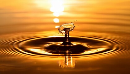 a stunning close up of a water droplet creating ripples on the surface capturing the beauty of nature in motion against a backdrop of warm golden light