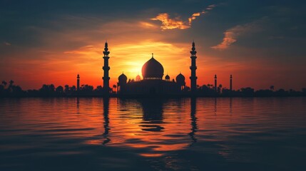 Fototapeta premium Majestic Mosque Silhouette at Sunset