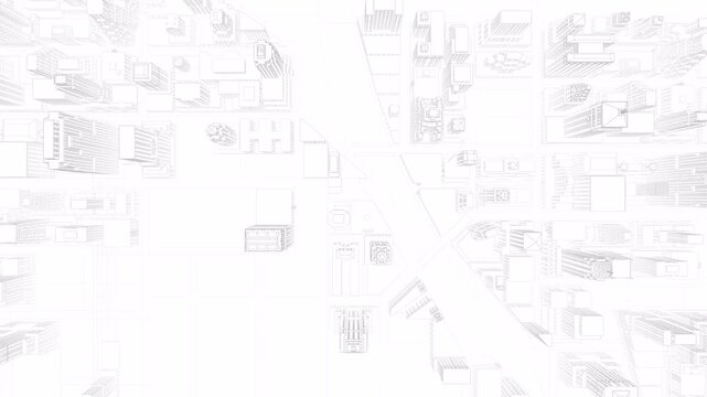 abstract background, A sleek white wireframe animation of a cityscape, featuring geometric buildings and streets
