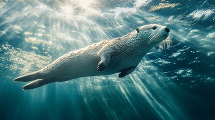 Obraz premium Underwater otter swimming, sun rays, ocean. Wildlife conservation image