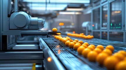 Robotic System Sorting Oranges on Conveyor Belt, Automated Fruit Sorting in High-Tech Factory