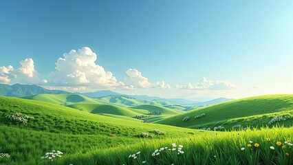 Fototapeta premium Sunlit green field, eye-level vista; serene mountains silhouette against a soft blue sky dotted with white clouds, sunlight casting warm hues from the right