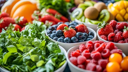 Colorful Bowls Of Fresh Fruits And Vegetables