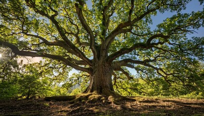 Fototapeta premium majestic oak tree with expansive canopy in lush forest under clear sky