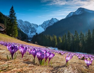 dolina chocholowska with blossoming purple crocuses or saffron flowers tatra mountains poland © Jeremy