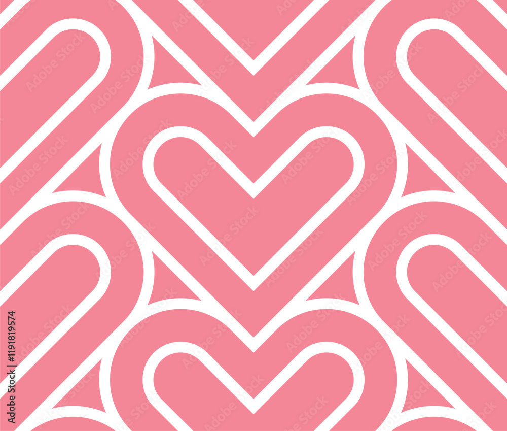 Poster Vector pink geometric pattern. Seamless linear pattern with hearts.