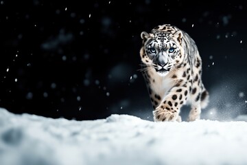 Fototapeta premium Snow leopard prowling through a snowy field at night, with intense blue eyes and a dramatic snowy backdrop.