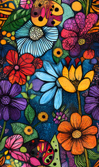 Creative Seamless Pattern 2D Doodle Floral Illustrations for wallpaper, card, tile.