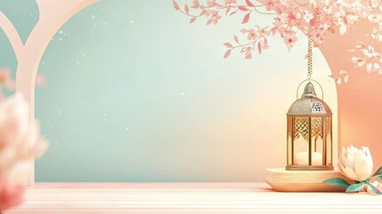 Lantern, cherry blossoms, spring scene, pastel background, product display