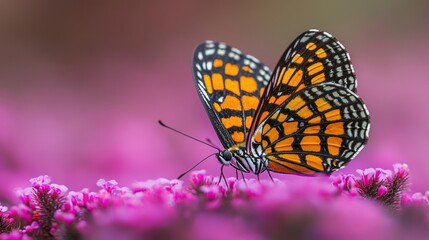 Obraz premium Orange butterfly feeding on pink flowers, garden bokeh