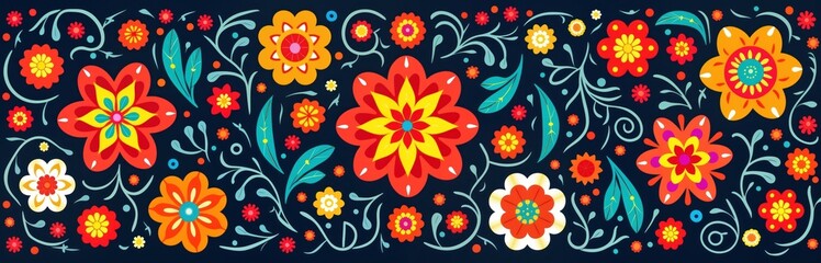 Obraz premium Colorful floral pattern in traditional Mexican Huichol style. Vibrant flowers, decorative elements create repeating design. Pattern uses bold colors, geometric shapes. Ideal for textile design