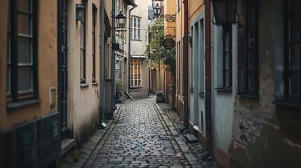Fototapeta premium A narrow cobblestone alleyway lined with charming buildings and soft lighting.