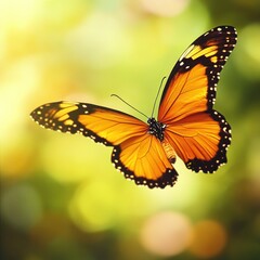 Fototapeta premium Orange butterfly flying, sunlit garden, bokeh background, nature imagery