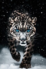 Fototapeta premium Striking snow leopard in a low-angle close-up shot, with intense blue eyes and intricate fur patterns, surrounded by falling snow and a dark atmospheric background.