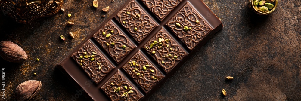 Poster pistachio filled chocolate bar decorated with arabesque patterns and gold details on a textured surf