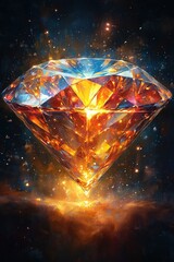 Glowing amber diamond, cosmic dust, fiery art.