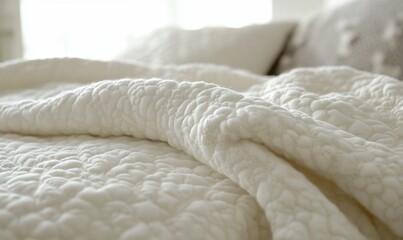 Obraz premium White quilted blanket on bed, bedroom, sunlight