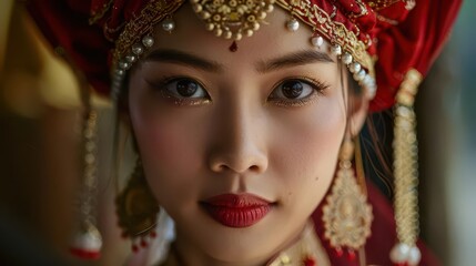 A close-up portrait of a woman in traditional attire, showcasing intricate details and makeup.