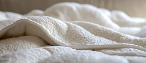 Obraz premium White textured comforter on bed, bedroom, morning light, cozy