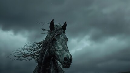 Obraz premium A majestic black horse stands against a dramatic, stormy sky.