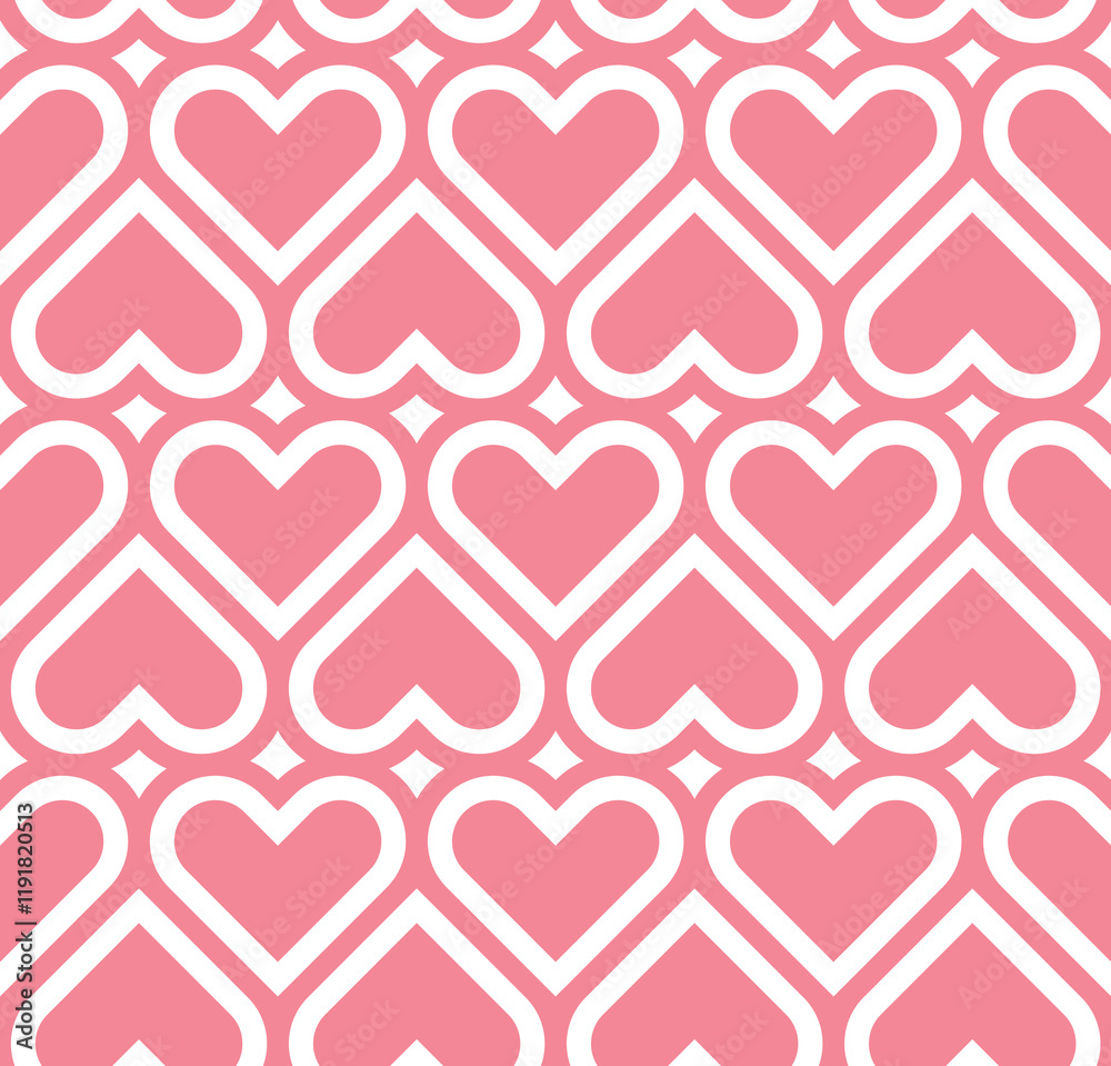 Poster Vector pink geometric pattern. Seamless linear pattern with hearts.