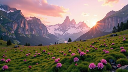 Obraz premium Sun-kissed green grass underlies vibrant pink cactus blooms amidst towering lush foliage, creating a vivid tapestry of nature's hues