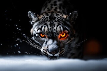 Obraz premium Focused snow leopard with vivid orange eyes and a fierce expression, prowling through a snow-covered terrain under dramatic lighting, emphasizing its power and mystique.