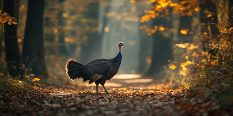 Wild turkey strolling autumn forest path