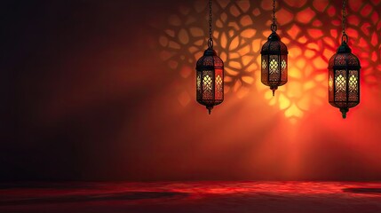 Obraz premium Ramadan lanterns glow, warm light, Islamic pattern background. Festive greeting card