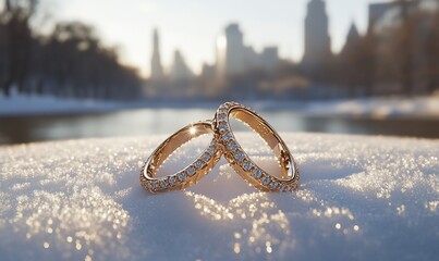 Winter wedding rings, NYC park, sunset