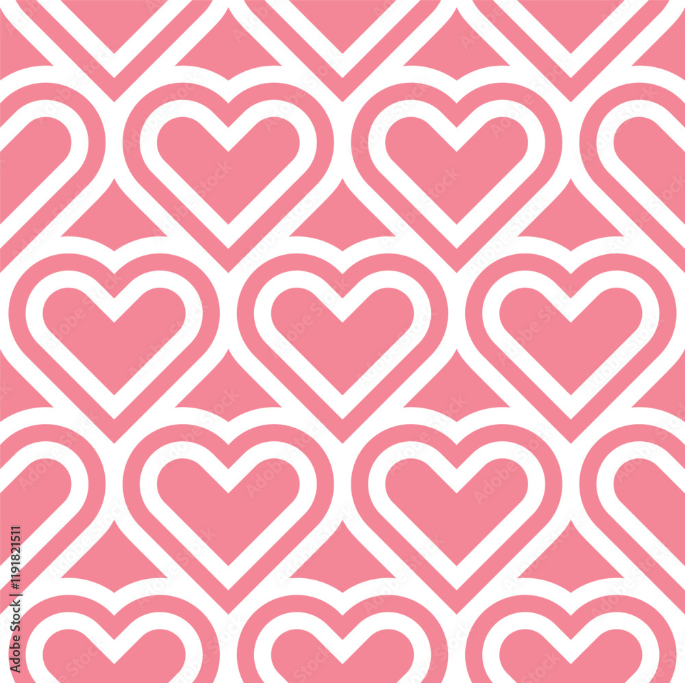 Poster Vector pink geometric pattern. Seamless linear pattern with hearts.