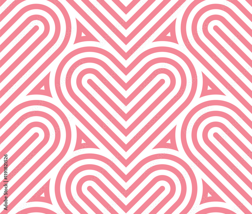 Poster Vector pink geometric pattern. Seamless linear pattern with hearts.