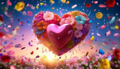 Obraz premium vibrant 3d heart surrounded by colorful confetti and floral accents capturing a joyful explosion of love and celebration in springtime atmosphere