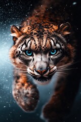 Obraz premium Intense close-up of a snow leopard’s face with striking blue eyes, surrounded by a snowy environment.