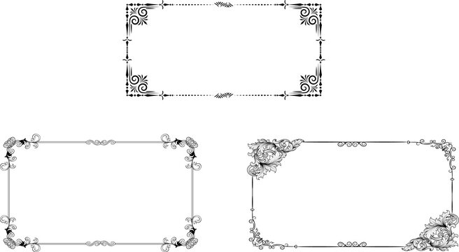 Vintage rectangular frames set. Filigree borders. Vector isolated swirl elements. Royal wedding invitation card decor.