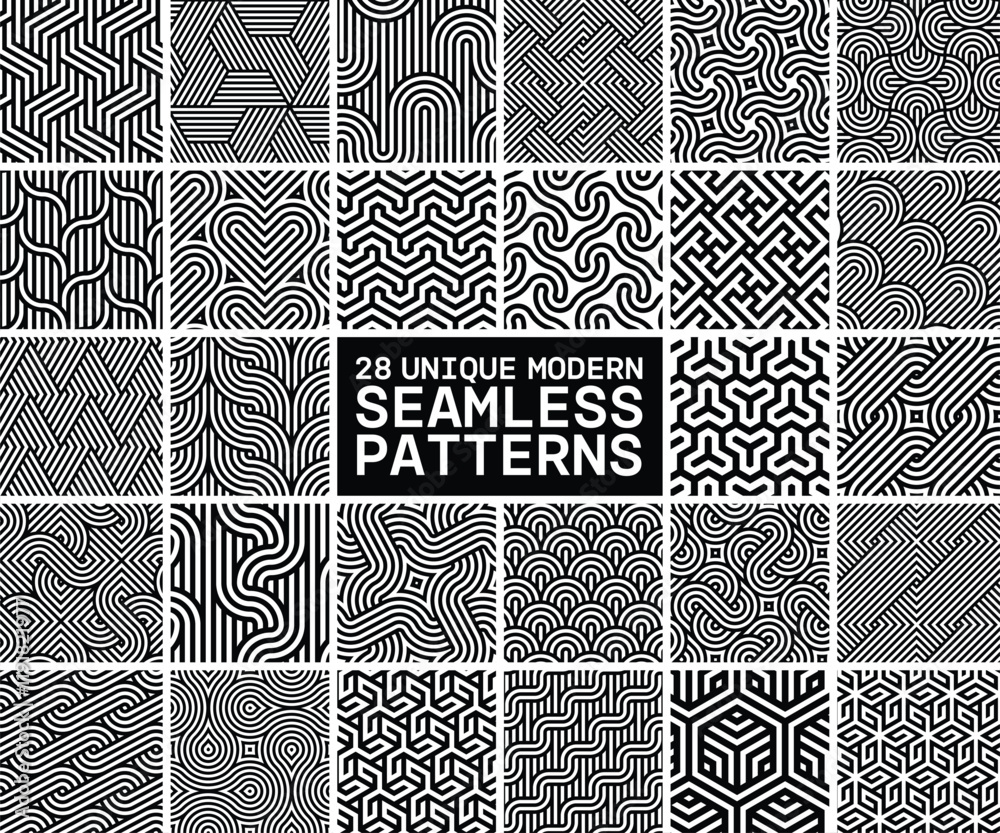 Poster Vector set of 28 geometric linear patterns. Collection of seamless modern textures for your design.